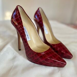 Jimmy Choo Ember Printed Patent Bordeaux Burgundy Croc-Embossed Heels Size 37